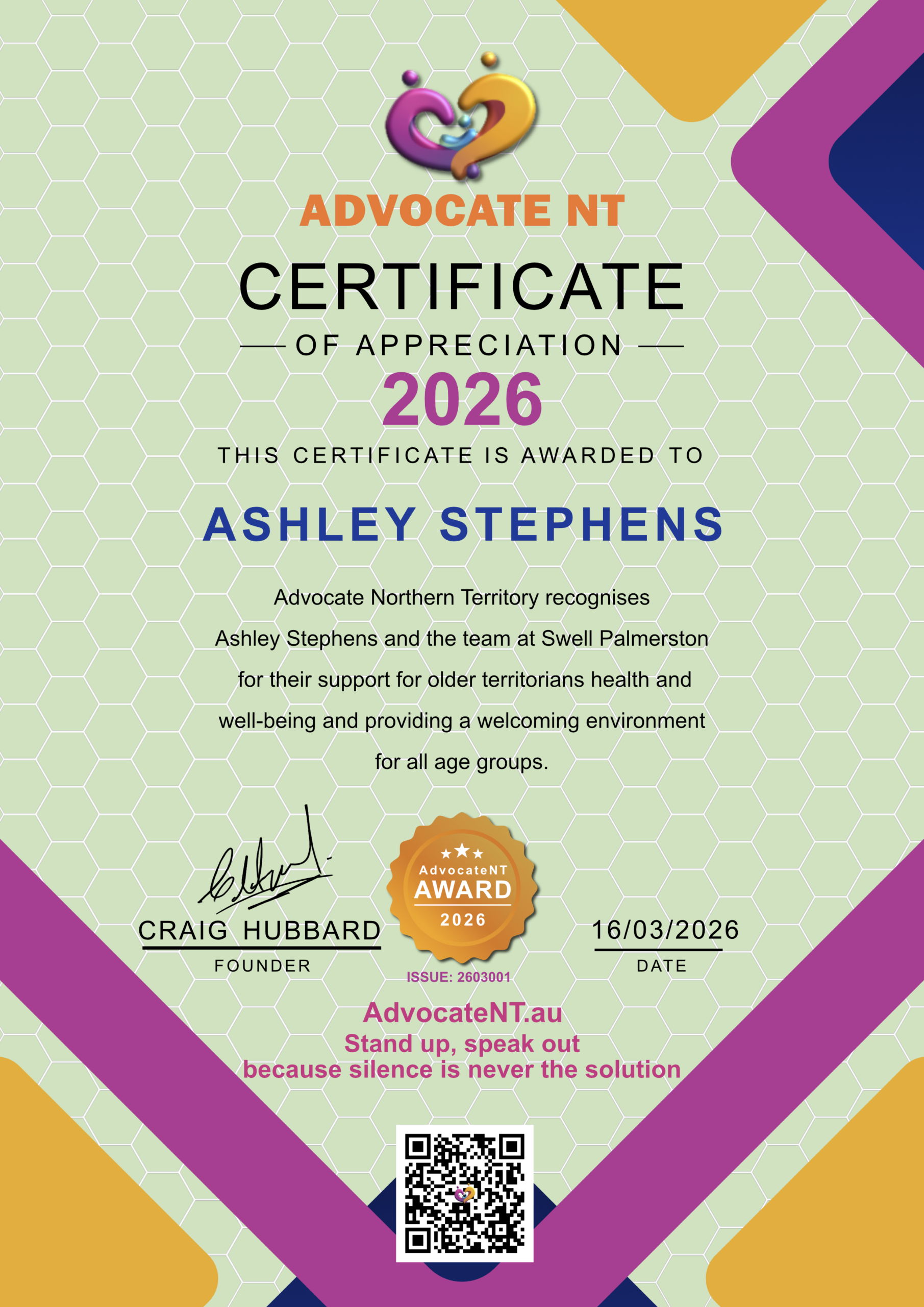AdvocateNT Certificate of Appreciation Ashley Stephens - Swell Palmerston